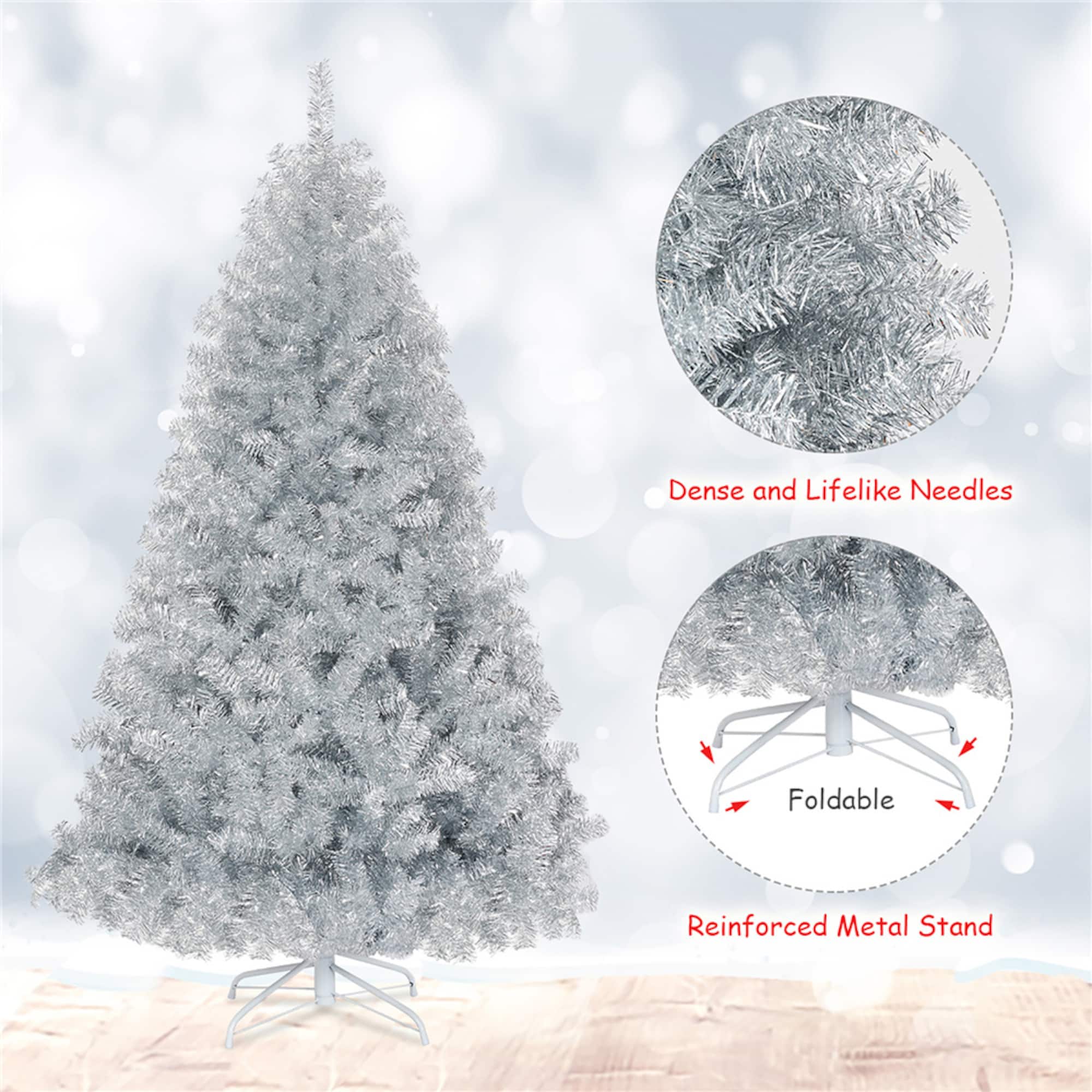 Costway 6ft. Unlit Artificial Silver Tinsel Hinged Christmas Tree with Metal Stand